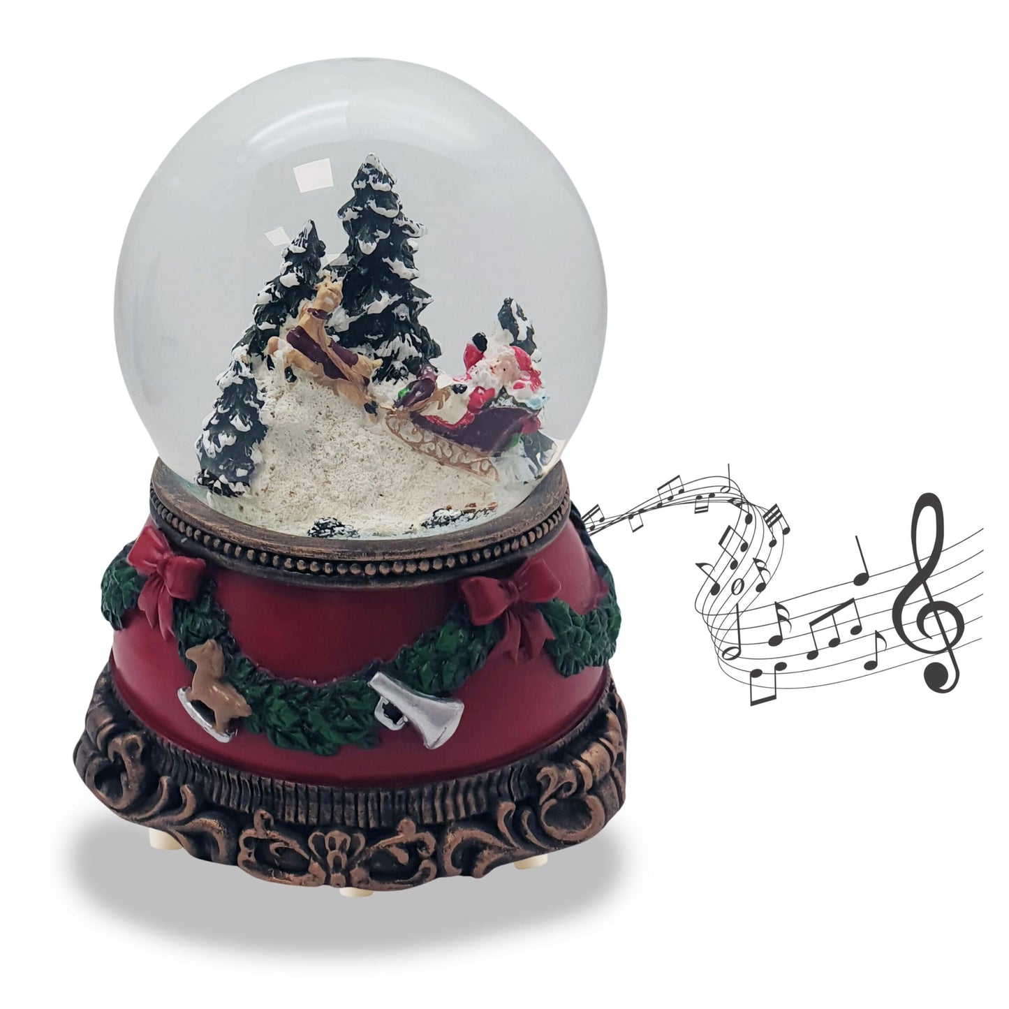 Snow globe Christmas music box | Santa in sleigh | Base Christmas red pine garland | with music | Shake ball Christmas decoration | W: 10 cm H: 14 cm | 20276