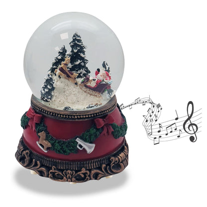 Snow globe Christmas music box | Santa in sleigh | Base Christmas red pine garland | with music | Shake ball Christmas decoration | W: 10 cm H: 14 cm | 20276