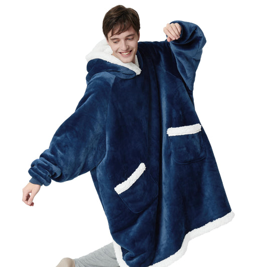 BEDSURE Hoodie Blanket with Sleeves and Hood - Sherpa Sleeve Blanket Sweatshirt for Women, Blue, 110x90cm.