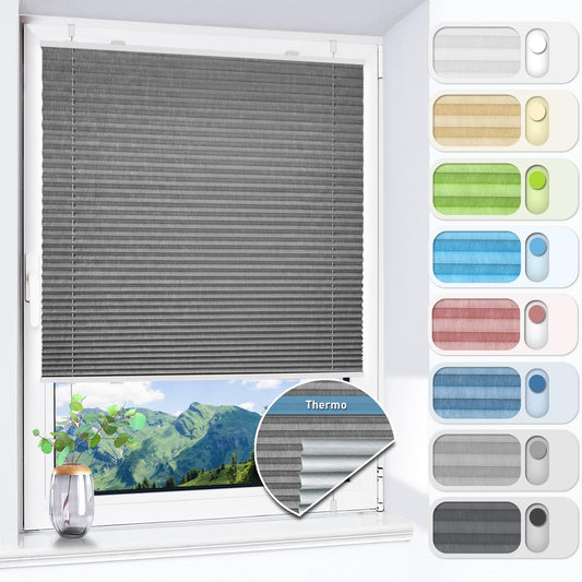 HOMEDEMO Pleated blind without drilling, blackout, thermal pleated blind with clamp fixing, gray 40x110cm (WxH). Blackout pleated blind 100% lightproof for windows, opaque privacy sun protection.