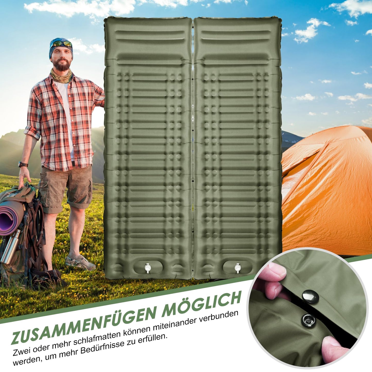 Arliers self-inflating sleeping pad, 12CM thick air mattress for camping with foot pump and pillow, Anti-Ripstop portable sleeping mat for hiking, travel, beach - army green.