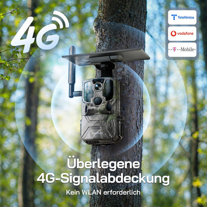 WOLFANG wildlife camera, 2.5K 4G LTE live solar transmission camera with mobile app, real-time alert, super infrared night vision camera with 7800mAh battery, 32GB SD card, 2-way audio IP66.
