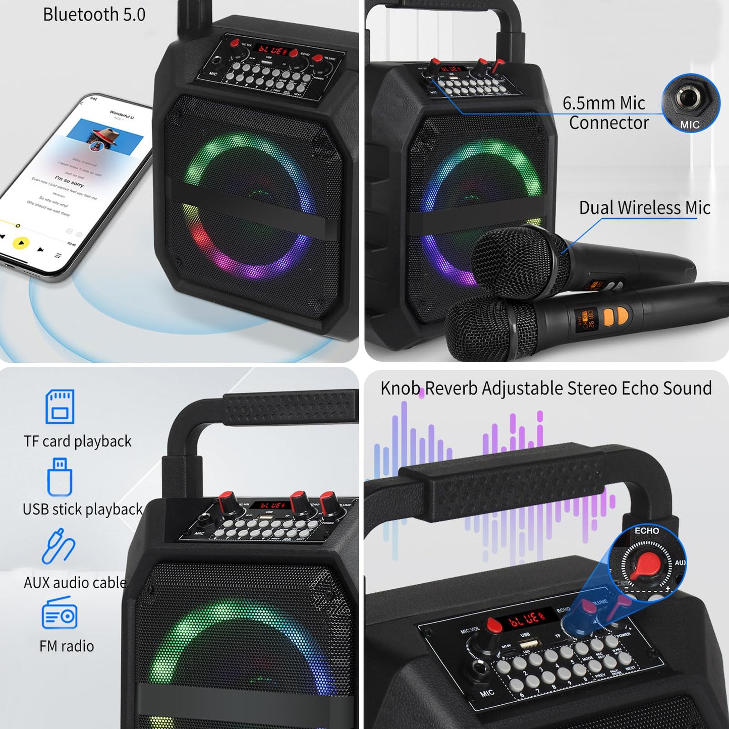 Portable karaoke machine with 2 wireless microphones, portable Bluetooth speaker with RGB lights, PA system for adults and kids, supports TF/USB, FM, Rec, AUX in.