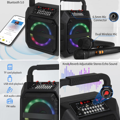 Portable karaoke machine with 2 wireless microphones, portable Bluetooth speaker with RGB lights, PA system for adults and kids, supports TF/USB, FM, Rec, AUX in.