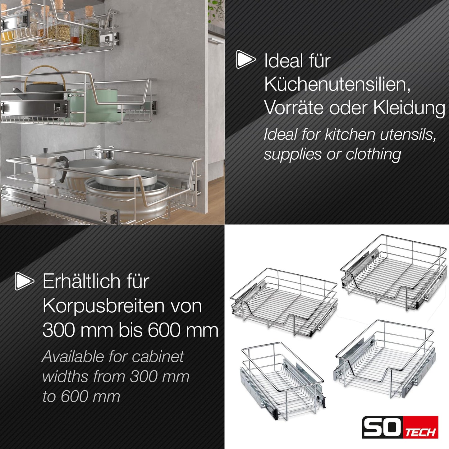 SOTECH 50 cm telescopic drawer SoftClose full extension ball bearing slide 20 kg load capacity polished chrome kitchen drawer cabinet pull-out