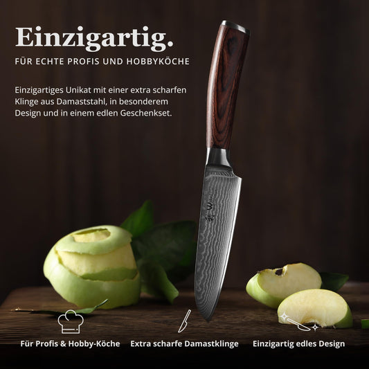 Wakoli EDIB Santoku knife 12cm - Small kitchen knife - VG10 core & 67 layers of damascus steel - Sharp damascus knife for vegetables & fruits - Pakkawood handle - Chef's knife - Gift box - Addition to knife set