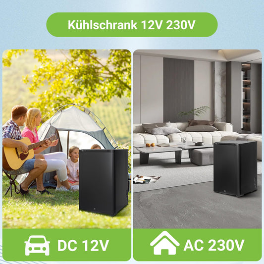 Techomey camping refrigerator, refrigerator 12V 230V, caravan refrigerator with lock and reversible door, RV refrigerator, quiet refrigerator for camping, car, room, black, 50L.
