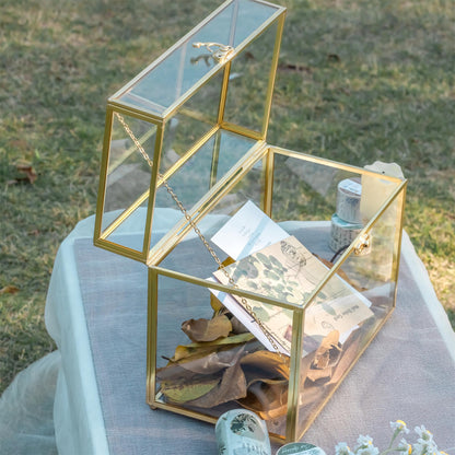NCYP 25x14.2x19.6 cm Gold Glass Card Box, Handcrafted Brass Vintage Rectangular Shape with Base for Wedding Entries, Souvenirs, Tabletop Display (glass box only)