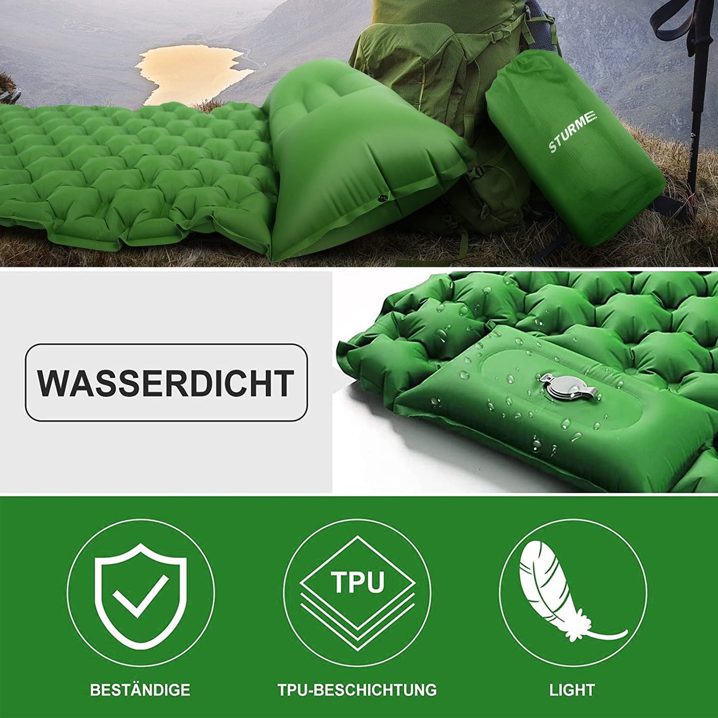 STURME Camping Mat Self Inflating Sleeping Pad with Foot Pump, Outdoor Inflatable Air Mattress Ultralight Sleeping Pad, Durable Mattress, Foldable Sleeping Mat with Pillow for Hiking, Outdoor - Green