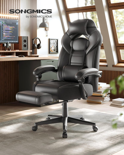 SONGMICS Gaming Chair, Office Chair, Computer Chair, ergonomic design, with footrest, adjustable headrest, lumbar pillow, weight capacity 150 kg, black OBG077B01