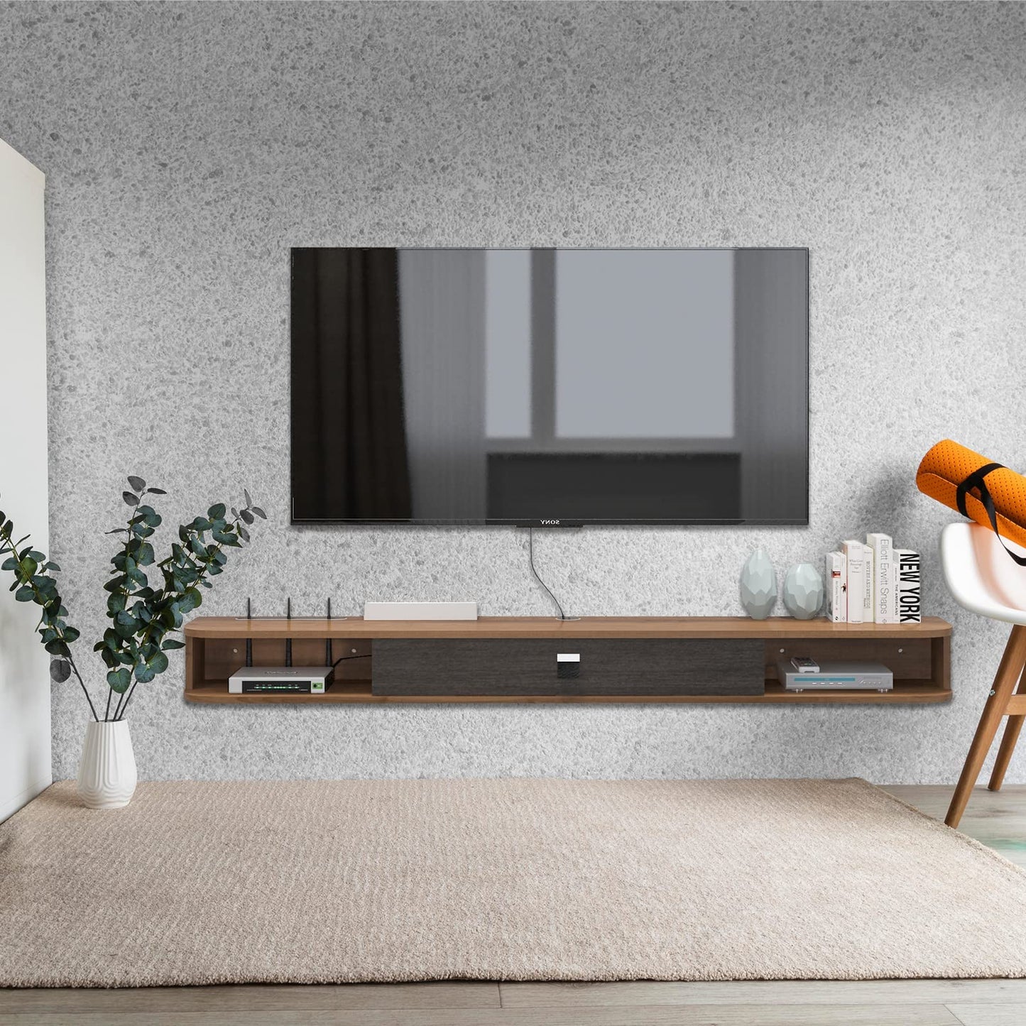 Pmnianhua Floating TV Stand, Wall Mounted TV Cabinet, Floating Shelves with Door, Modern Entertainment Media Console, Large Storage Space, TV Bench for Living Room and Office (120 cm, Dark Brown)