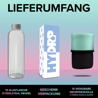 HYDROP® AWARD WINNING Glass Bottle 1 Liter with protective sleeve shatterproof - Glass drinking bottle in 1L or 750ml suitable for carbonation & leak-proof - Glass water bottle with high-quality gift packaging