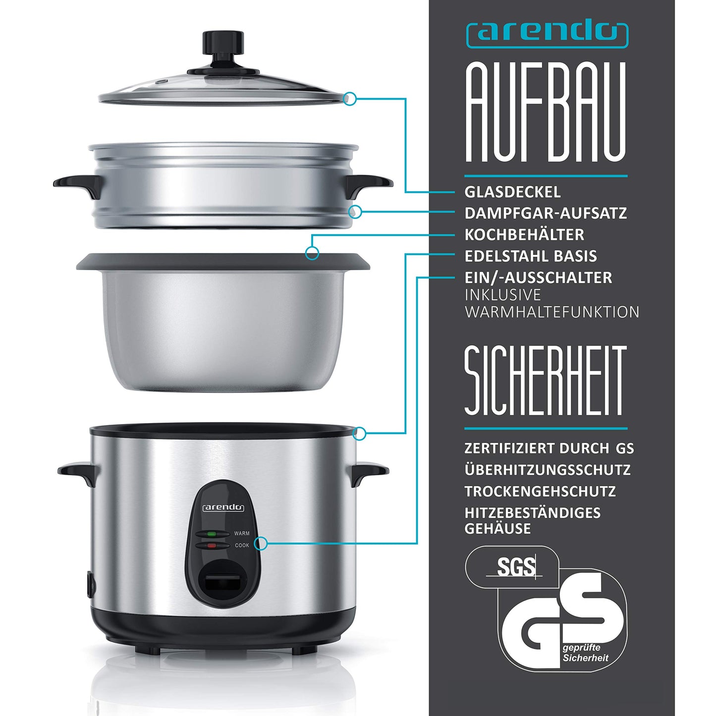 Arendo - Rice cooker stainless steel with keep warm function and steamer function - Steamer - 1.5 liter capacity - Housing brushed aluminum