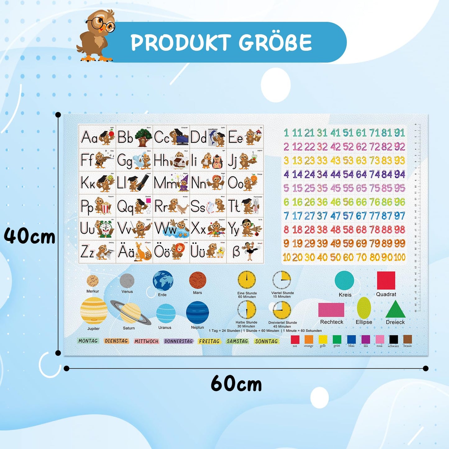 Desk pad for children, double sided world map desk pad waterproof made of durable, wipeable painting pad for children/girls (60x40 cm)