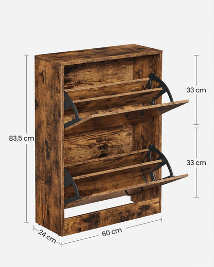 VASAGLE shoe cabinet with 2 flaps, shoe rack, adjustable and removable partitions, for 12 pairs of women's shoes or 8 pairs of men's shoes, small hallway, 60 x 24 x 83.5 cm, vintage, dark brown LBC02BX.