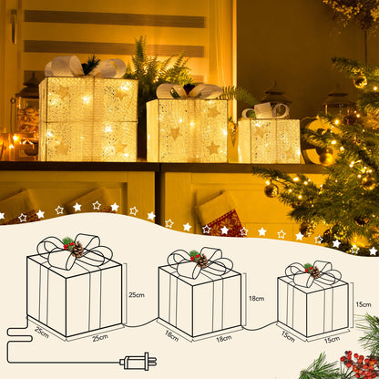 GIGALUMI LED Gift Box 3-Piece Set Christmas, 8 Modes 60 LED Glow Christmas Box, String Lights Lightbox with Plug for Indoor, White Christmas Decoration Xmas Decor Warm White
