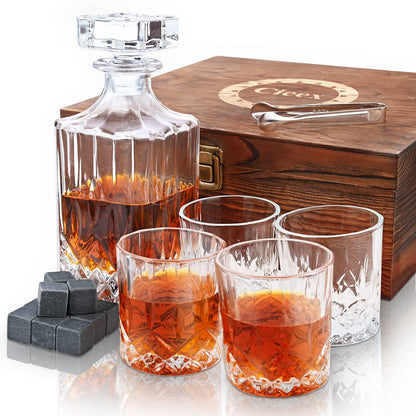 Cieex Whiskey Decanter Set, 750ml decanter with 4 x 220ml whiskey glasses, 12 stones, beautiful gift box. Father's Day gift for men. Transparent.