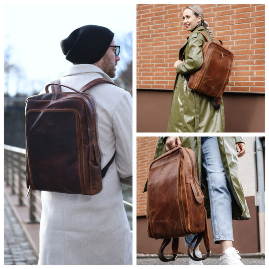 Corno d'Oro Handmade Backpack Men's Leather Large with Organizer Compartment I Premium XL Leather Backpack Women's for 17 Inch Laptop I Business Laptop Backpack Vintage Brown