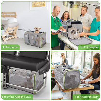 Lannvan pet carrier for cats and dogs up to 6.5kg. Breathable and foldable, with removable plush pad. Ideal for camping, traveling, or visiting the vet. Dimensions: 45x30x30cm, in grey color.