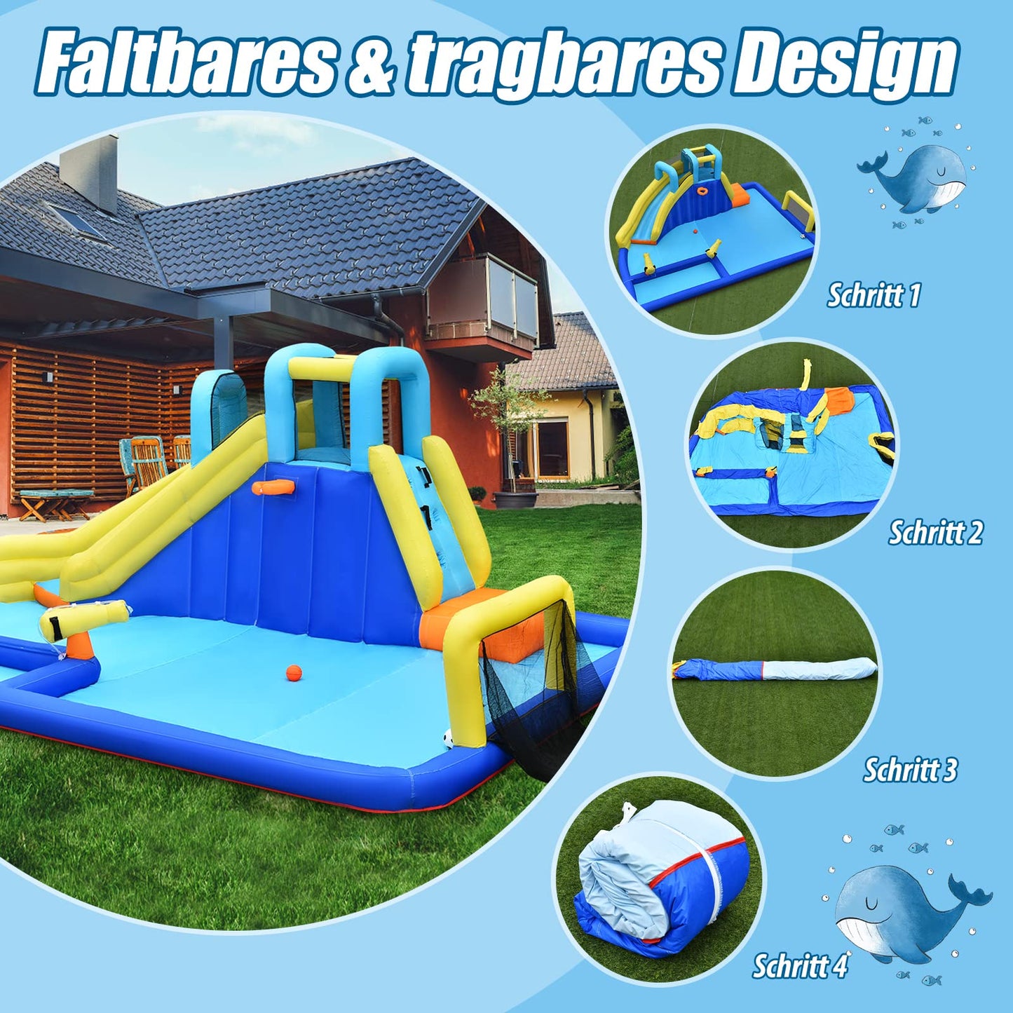 GOPLUS Inflatable Bounce House, Water Park with Slide & Climbing Wall & Water Gun & Soccer Goal, Kiddie Pool for Children 3-12 Years, Includes Carrying Bag, Repair Kit, 526x373x203cm (Excluding Blower)