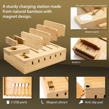 TechDot Bamboo Charging Station Multiple Devices 5 Port USB Multi Charging Station Bamboo for Phones Smartphones Tablets Wood Charging Station