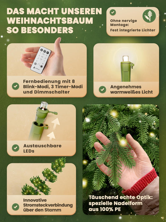 Artificial Christmas tree 180cm - 100% injection-molded Nordman fir with LED lights | Premium lifelike tannenbaum including FSC wood stand & storage bag.