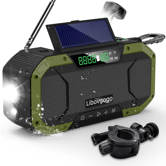 Libovgogo DF-580Pro 5000mAh hand-crank radio with phone charging function, solar, 7W IPX5 waterproof Bluetooth speaker, portable auto-scan AM/FM emergency radio with flashlight LED reading light for outdoor camping.