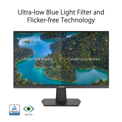 ASUS Eye Care VA24EHF - 24" Full HD Monitor - Frameless, Flicker-Free, Blue Light Filter, Adaptive-Sync - 1ms MPRT, 100 Hz, 16:9 IPS Panel, 1920x1080 - HDMI, Black