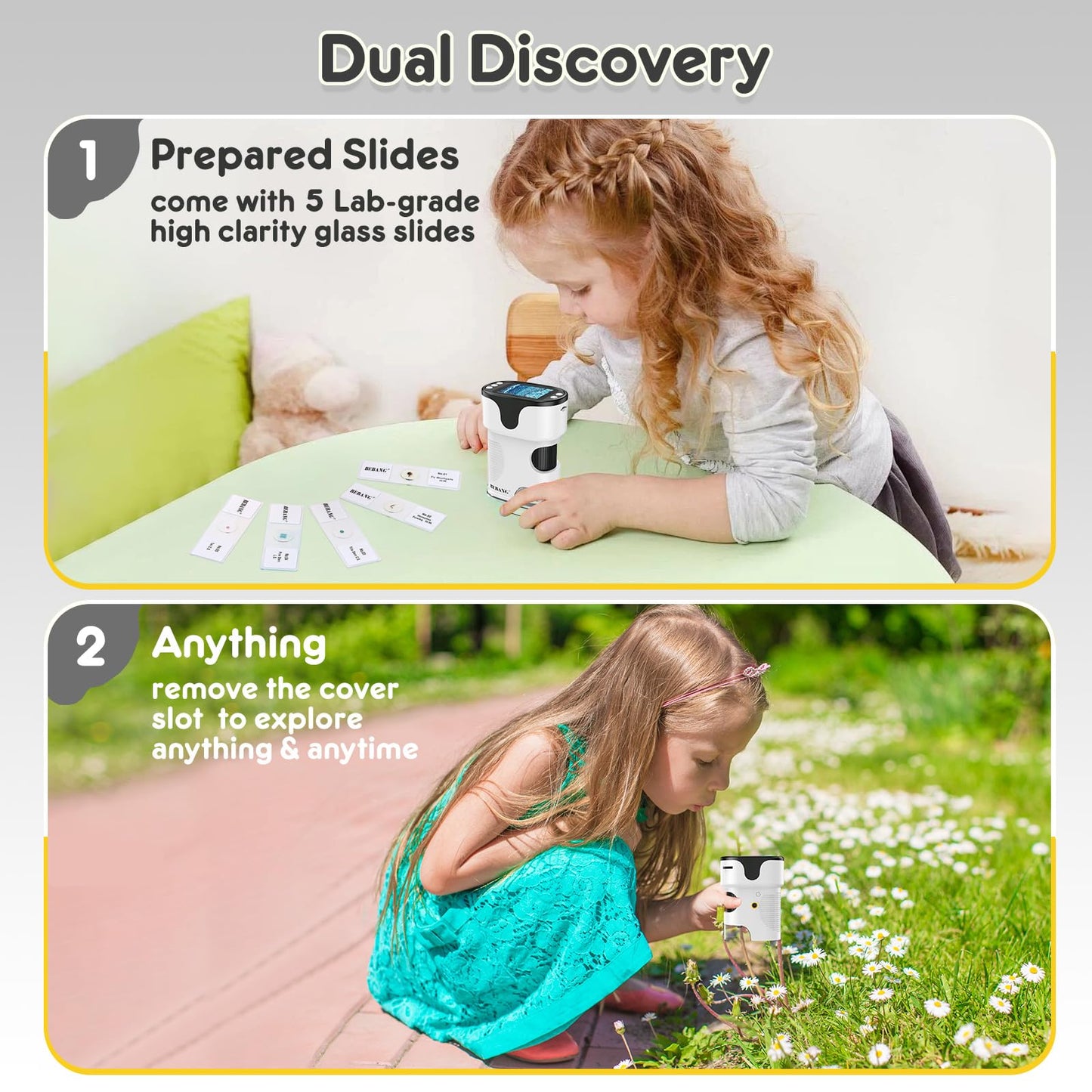 1000X portable digital microscope for kids: 4K 2.0" screen Rechargeable mini pocket USB trichome microscope science kit with slide set Gifts for 4-12 year olds