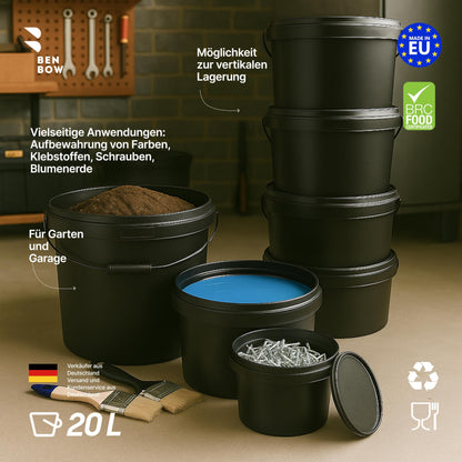 BenBow - Bucket with Lid Black 5X 20 Liters - food-safe stable airtight leak-proof odorless - Plastic storage container with metal handle - Crack-resistant grip, empty - for home