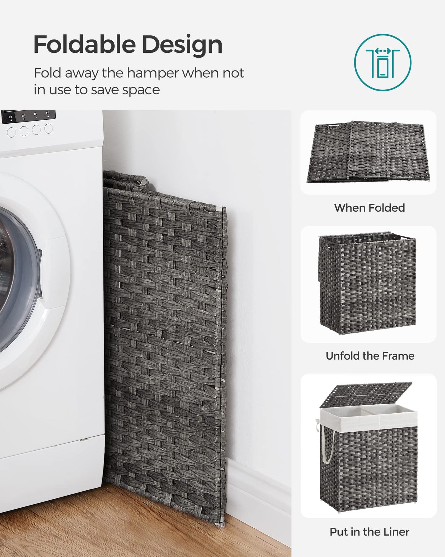 SONGMICS laundry hamper with lid, laundry collector 110 liters, 2 compartments, removable laundry bag with handles, hand-woven, for bedroom, bathroom, 33 x 57 x 60 cm, gray LCB252G01