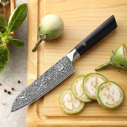 zayiko Black Edition Damascus knife small Santoku knife I 13 cm blade made of 67 layers of VG10 Damascus steel I Ergonomic Pakkawood handle I Premium kitchen knife for vegetables, meat & fruit I Gift box