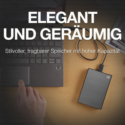 Seagate One Touch 2TB portable external hard drive, hardware encryption with password access, compatible with PC, Notebook, Mac, Xbox One & Series, PS4, PS5, USB 3.0, Space Gray color, includes Rescue Service, model STKY2000404