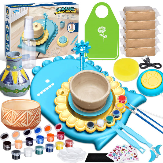 IEEILULU pottery set for kids, electric pottery wheel for kids, mini pottery wheel with clay, colors, diamond stickers, pottery set DIY pottery craft kit gifts for girls (dinosaur)