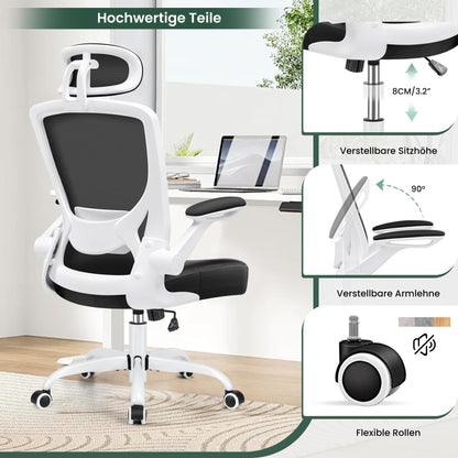 KERDOM Office Chair Desk Chair Ergonomic, Executive Chair with Adjustable Headrest, Armrests, Swivel Chair Tilt Function up to 135° Office Chair 150 kg White