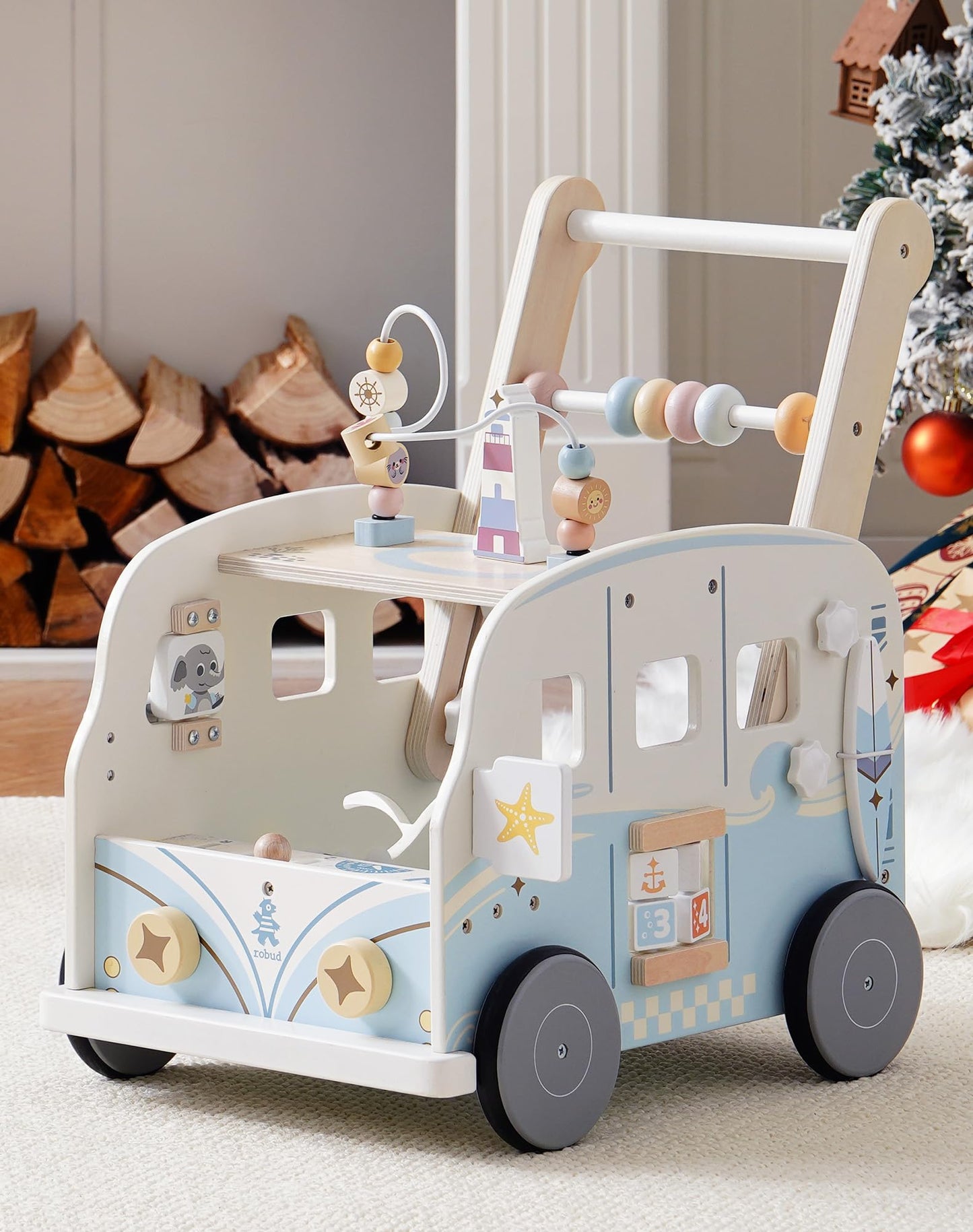 ROBUD wooden baby walker, multifunctional with wheels and building block toys, activity center set. Perfect gift for toddlers aged 10 months to 1-2 years.