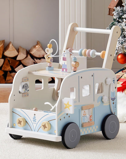 ROBUD wooden baby walker, multifunctional with wheels and building block toys, activity center set. Perfect gift for toddlers aged 10 months to 1-2 years.