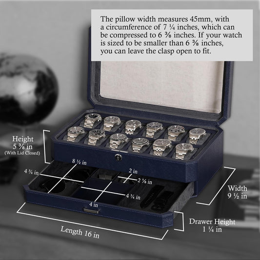 ROTHWELL 12-Slot Leather Watch Box with Valet Drawer is a luxury watch case display organizer. It features a microsuede liner and can hold men's accessories and jewelry in dark blue/grey.