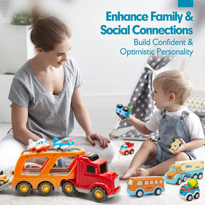 Hahaland car toy for 3 4 5 year olds, truck toy with lights and music, 10 in 1 cars transporter set kids toy, toy car gift for 3 4 5 year old boys girls.
