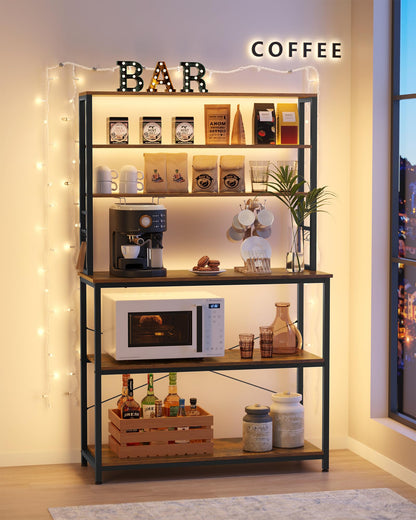 VASAGLE Kitchen Shelf, shelving unit, microwave shelf, standing, 6 shelves, 6 hooks, steel frame, industrial design, 40 x 100 x 167 cm, vintage brown-ink black KKS039K01