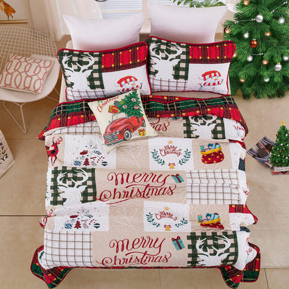WONGS BEDDING Quilt 220x240 Bedspread Quilt Double Bed Quilted Microfiber 3 Pieces Christmas Quilt Bedspread Quilt with 2 Pillowcases 50x75, White & Red Checkered