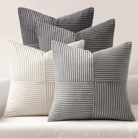 MIULEE 4-Pack Corduroy Pillow Cover Patchwork Cushion Case Soft Decorative Modern Invisible Zipper Throw Pillow Covers for Sofa Living Room Bedroom Grey Series 45x45 cm