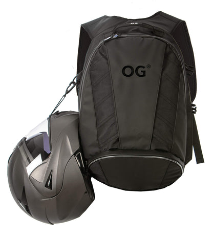 OG Original EZ-RiderPRO Motorcycle Backpack Black Expandable 28-35L, Motorcycle Helmet Bag, Helmet Carrying Strap, Waterproof, Laptop Compartment, Reflective, Black Logo