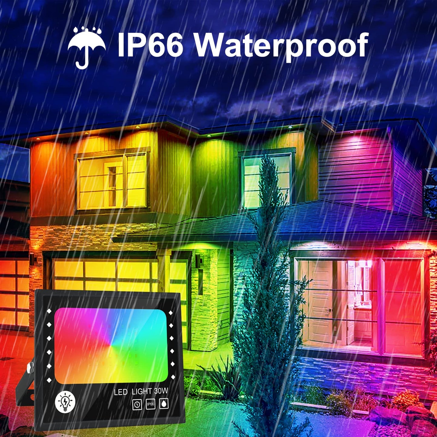 CREATESTAR RGB floodlight 30W, RGB LED floodlight with 16 million colors 28 modes color change dimmable, remote control and APP control RGB floodlight IP66 waterproof outdoor spotlight for garden party tree