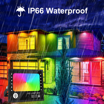 CREATESTAR RGB floodlight 30W, RGB LED floodlight with 16 million colors 28 modes color change dimmable, remote control and APP control RGB floodlight IP66 waterproof outdoor spotlight for garden party tree