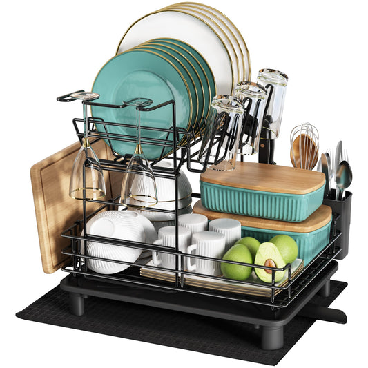 MAJALiS Dish Drying Rack, 2-tier stainless steel dish drying rack with drip tray and drying mat, dish rack with utensil holder, dish dryer for kitchen counter, black.