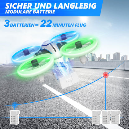 Mini drone with HD 720P camera for kids, RC drone with LED lights, quadcopter with 3D flips, headless mode and 3 batteries, 21 mins long flight time, toy drone helicopter for kids and beginners.