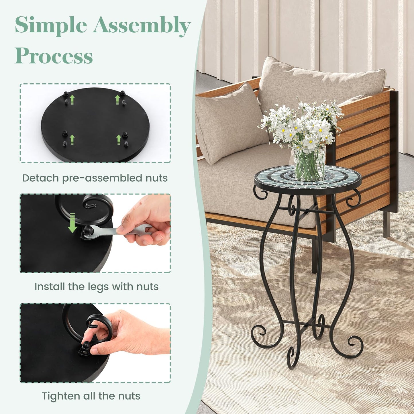 HOMASIS garden table side table with mosaic pattern, plant stand with round tabletop made of metal & tiles, balcony table for garden, balcony & living room (black+grey)