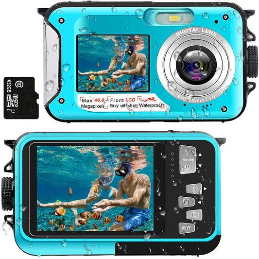 Underwater Camera Full HD 2.7K 48MP 10FT Camera Waterproof Dual Screen 16X Digital Zoom Snorkeling Waterproof Digital Camera for Selfie Underwater, Swimming, Vacation