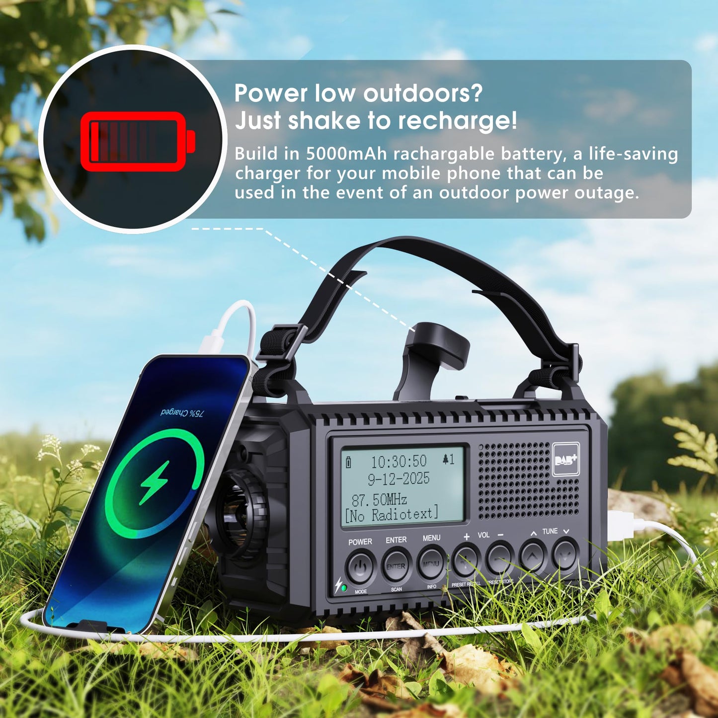 DAB/DAB+/FM digital radio with built-in 5000mAh battery. Solar radio emergency radio with USB mobile phone charging function. Camping radio with LED flashlight, reading light, SOS alarm. Portable crank radio for outdoor use.